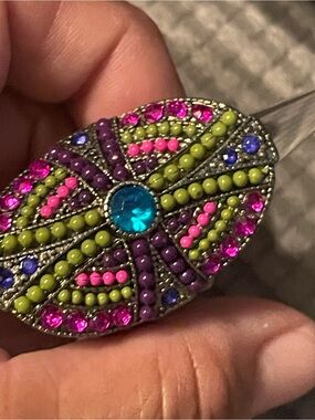 Vibrant Beaded Oval Statement Stretchy Ring - Pink, Green & Blue